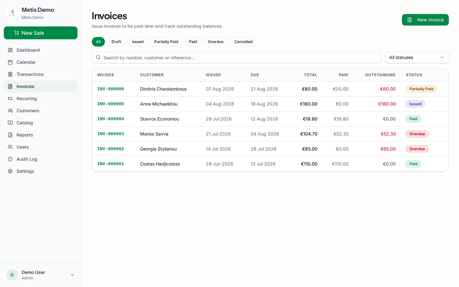 Metis Cloud invoices list showing outstanding and paid invoices