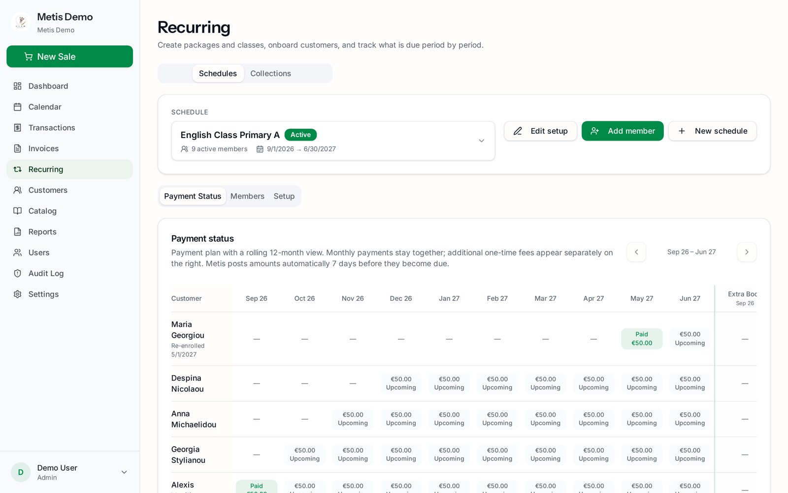 Metis Cloud recurring billing schedule with monthly payment status per member
