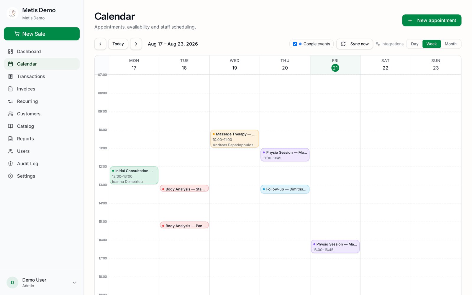 Metis Cloud weekly appointment calendar with Google Calendar events